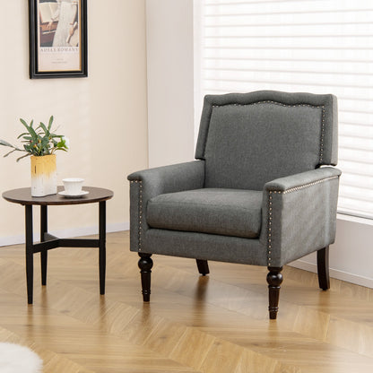 Mid-century Modern Armchair with Thick Cushion &amp; Rubber Wood Legs-Grey