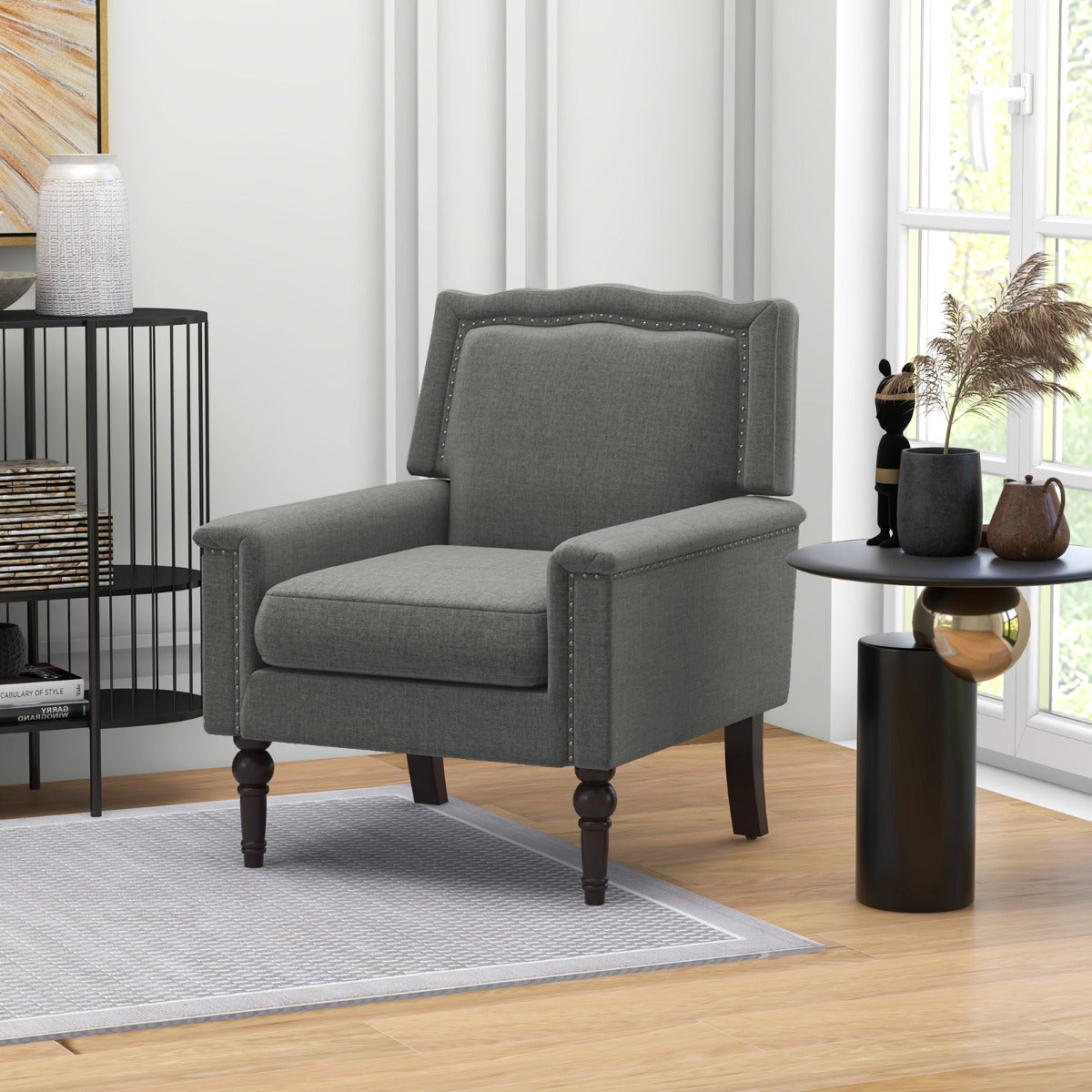 Mid-century Modern Armchair with Thick Cushion &amp; Rubber Wood Legs-Grey