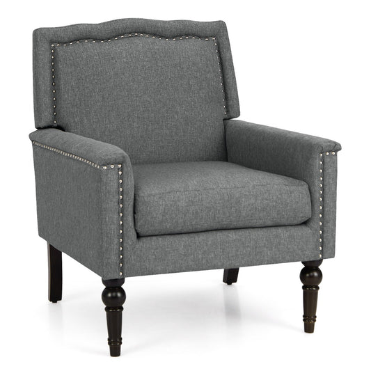 Mid-century Modern Armchair with Thick Cushion &amp; Rubber Wood Legs-Grey