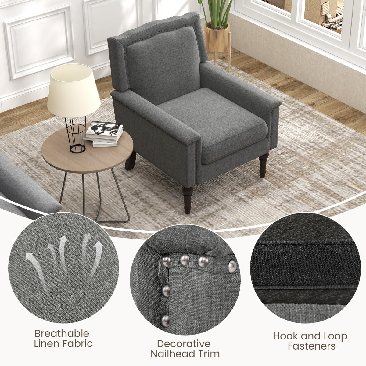 Mid-century Modern Armchair with Thick Cushion &amp; Rubber Wood Legs-Grey