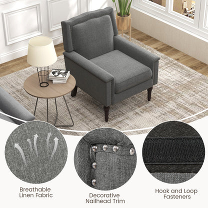 Mid-century Modern Armchair with Thick Cushion &amp; Rubber Wood Legs-Grey