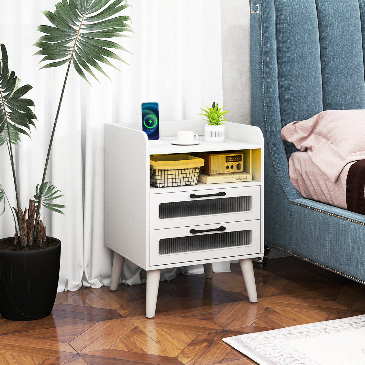 Mid Century Nightstand Modern Bedside Table with Charging Station-White