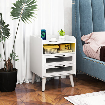 Mid Century Nightstand Modern Bedside Table with Charging Station-White