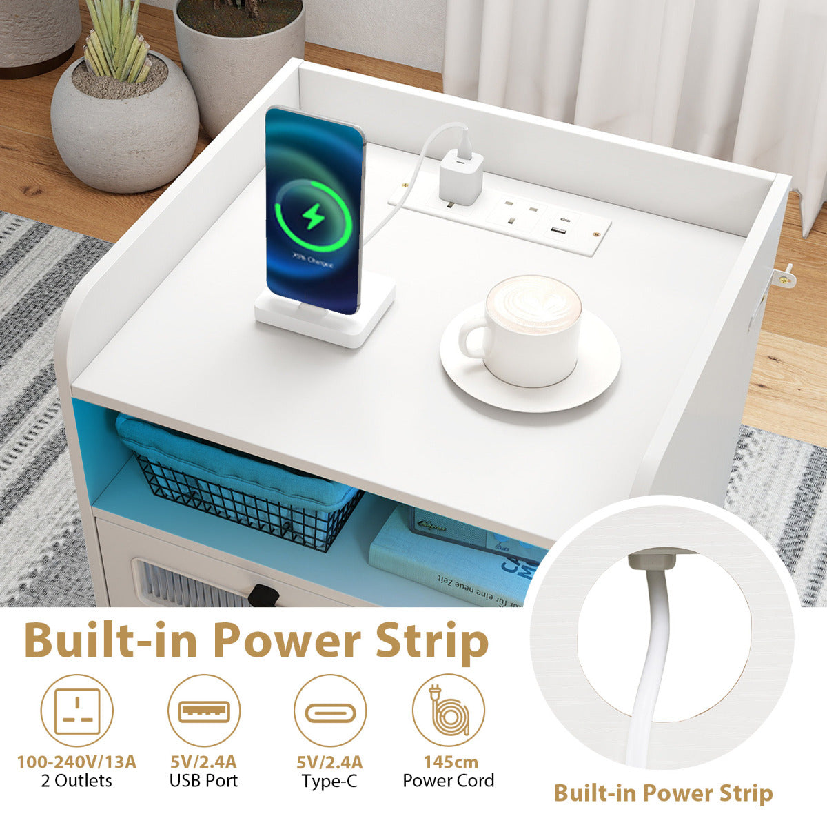 Mid Century Nightstand Modern Bedside Table with Charging Station-White