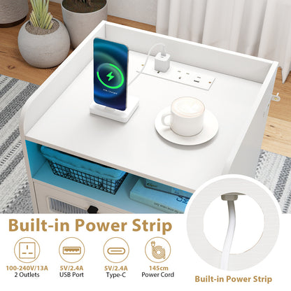 Mid Century Nightstand Modern Bedside Table with Charging Station-White