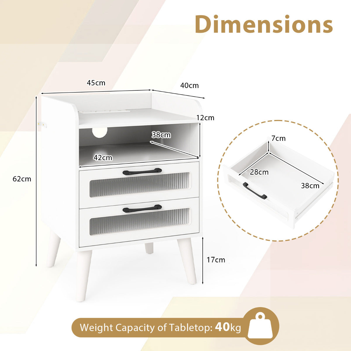 Mid Century Nightstand Modern Bedside Table with Charging Station-White