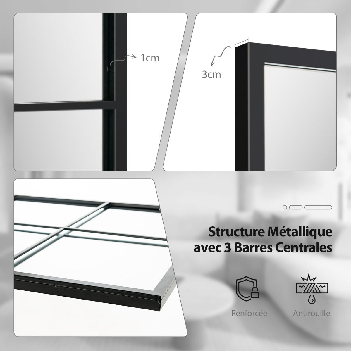 70 x 100 CM Wall Mirror 3 Layers Vanity Makeup Mirror with Metal Frame Black Decorative Mirror