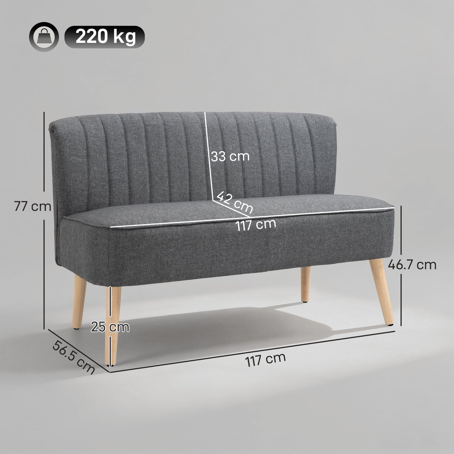 HOMCOM 46" Loveseat Sofa Upholstered Small 2 Seater Sofa with Thick Padded Seat and Rubber Wood Legs, Grey