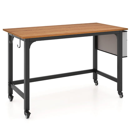 120cm Mobile Computer Desk with Storage Bag and 2 Headphone Hooks-Teak