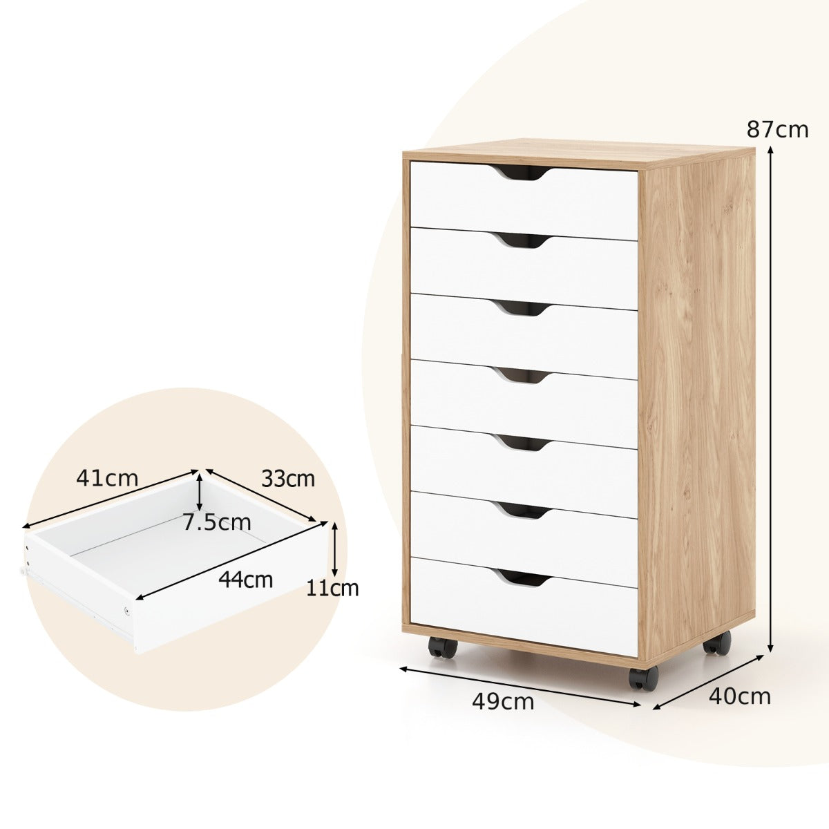 Mobile File Cabinet on Wheels with 7 Drawers-Natural