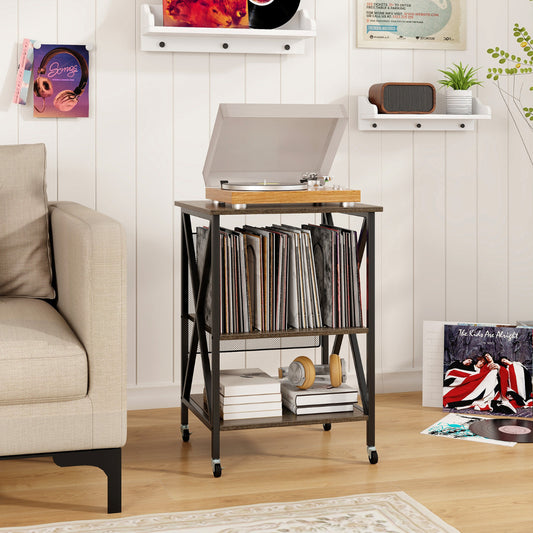 Mobile Record Player Stand with Vinyl Storage Shelves and Dividers-Grey