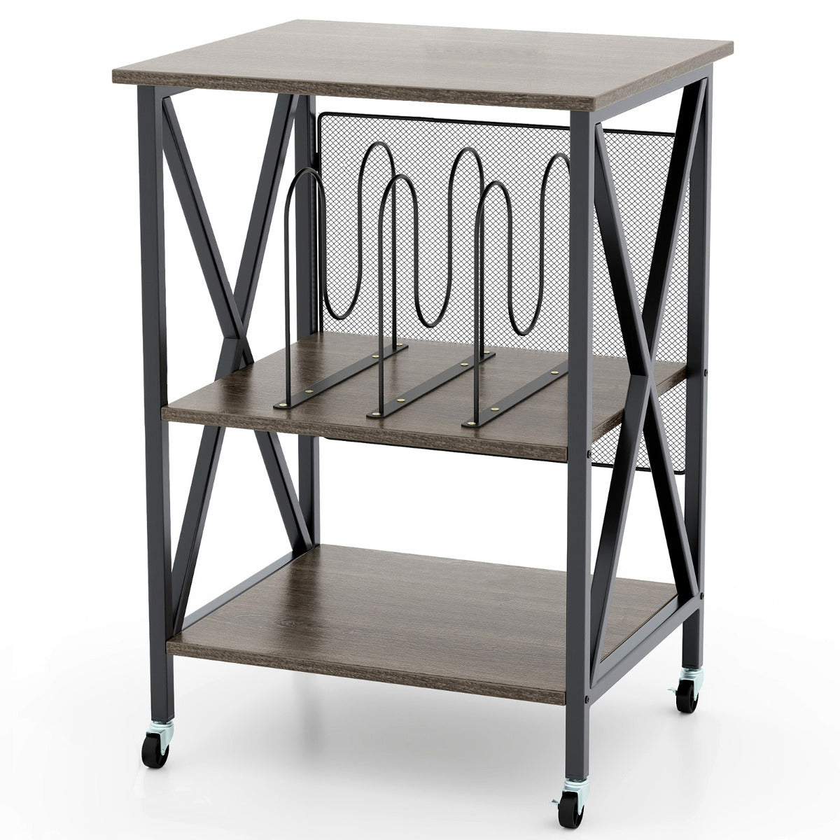 Mobile Record Player Stand with Vinyl Storage Shelves and Dividers-Grey