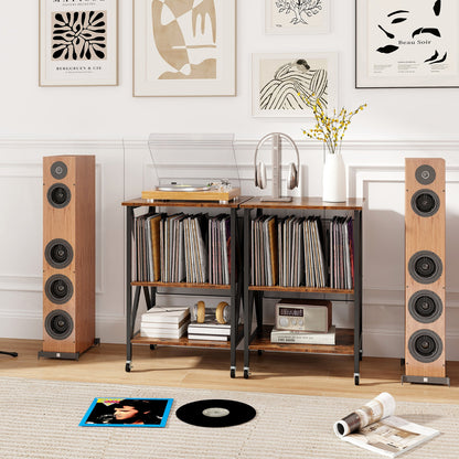 Mobile Record Player Stand with Vinyl Storage Shelves and Dividers-Rustic Brown