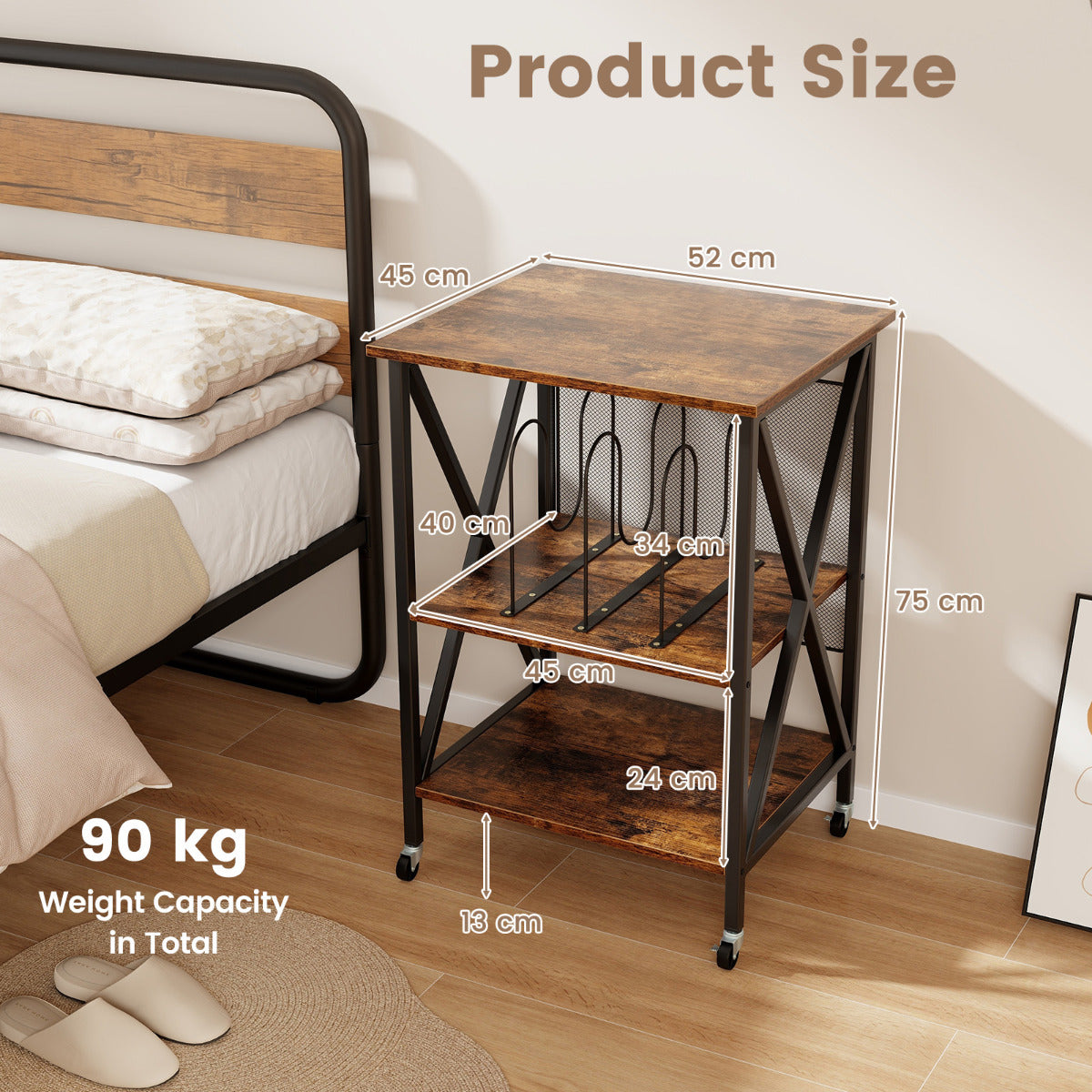 Mobile Record Player Stand with Vinyl Storage Shelves and Dividers-Rustic Brown