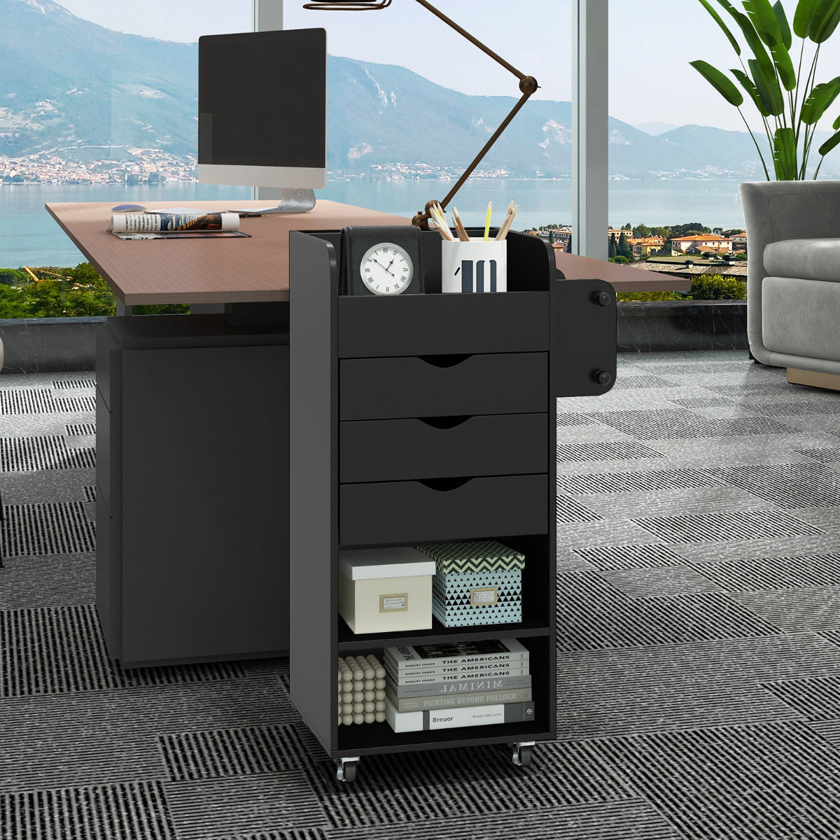 Mobile Rolling Storage Cart with 3 Drawers 2 Shelves and 2 Dowel Rods-Black