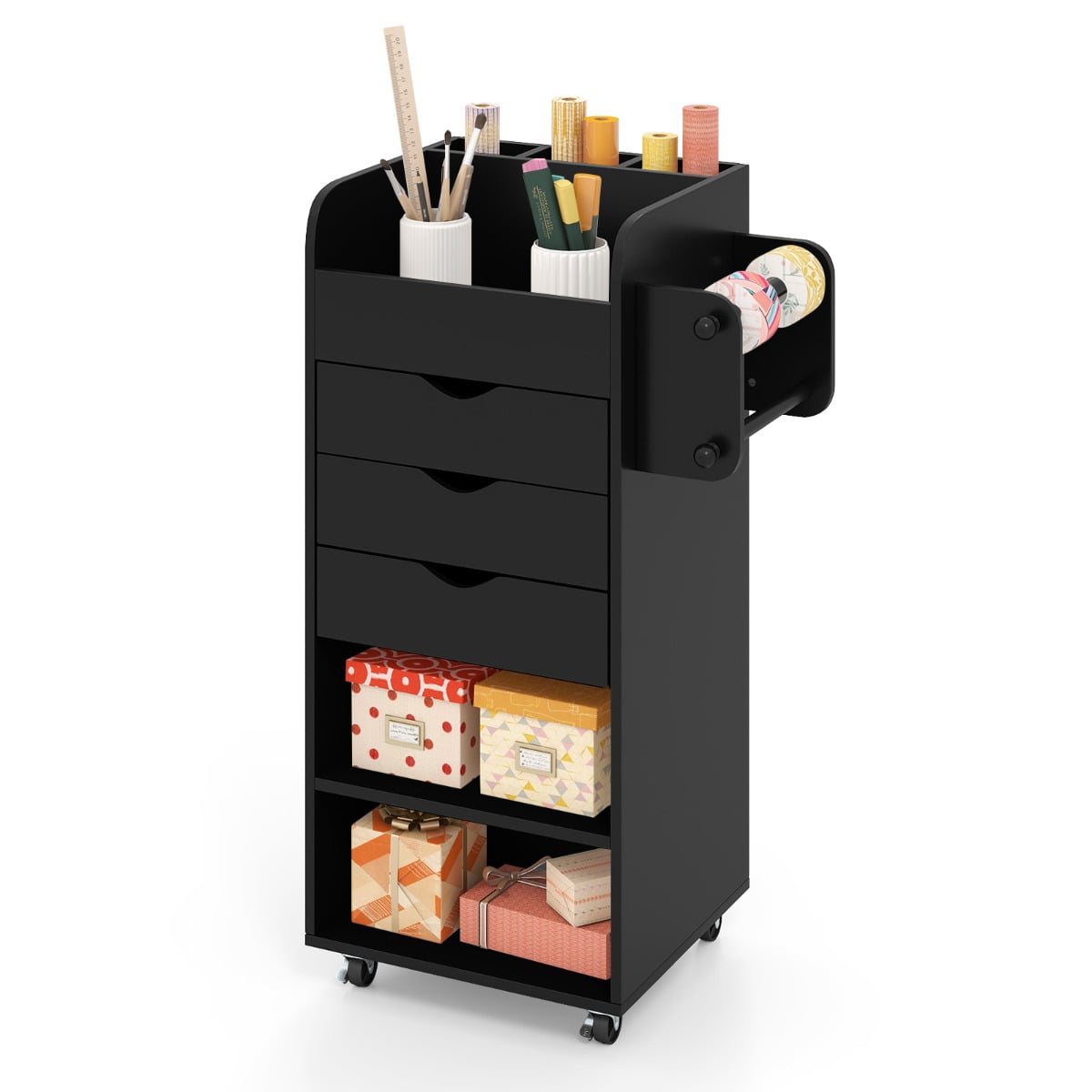 Mobile Rolling Storage Cart with 3 Drawers 2 Shelves and 2 Dowel Rods-Black