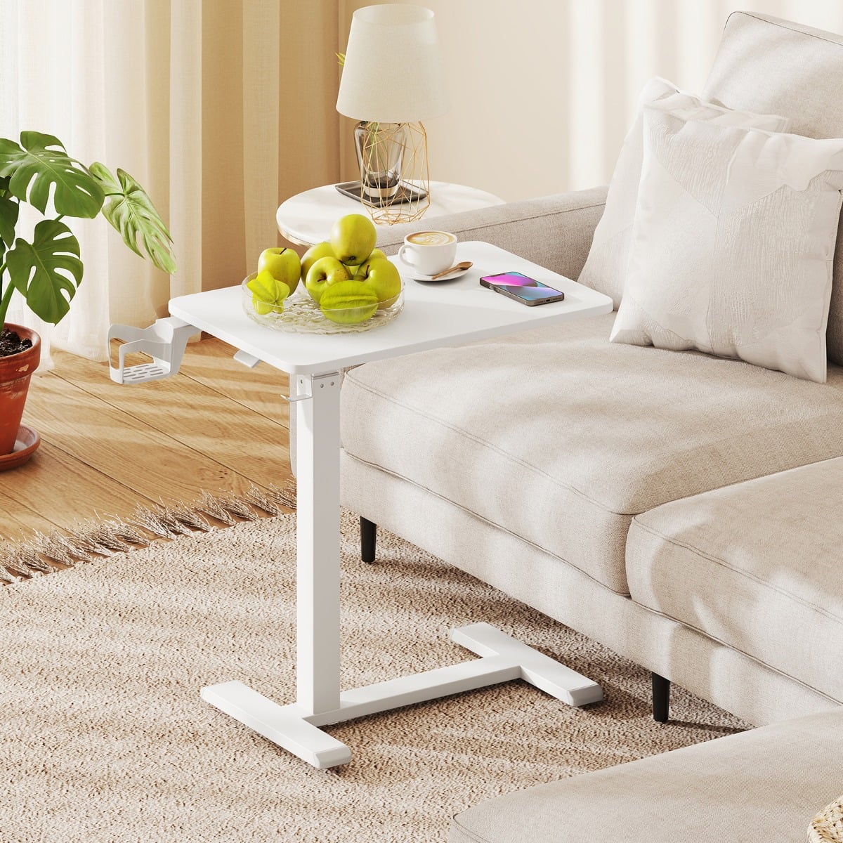 Height Adjustable Overbed Bedside Table with Cup Holder and Headphone Hook-White