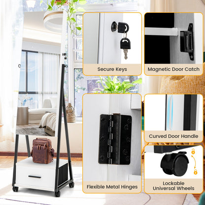 Mobile Standing Lockable Jewelry Cabinet with Full Length Mirror-White