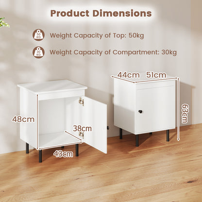 Set of 2 modern Nightstand with Cabinet and Heavy-Duty Metal Legs-White