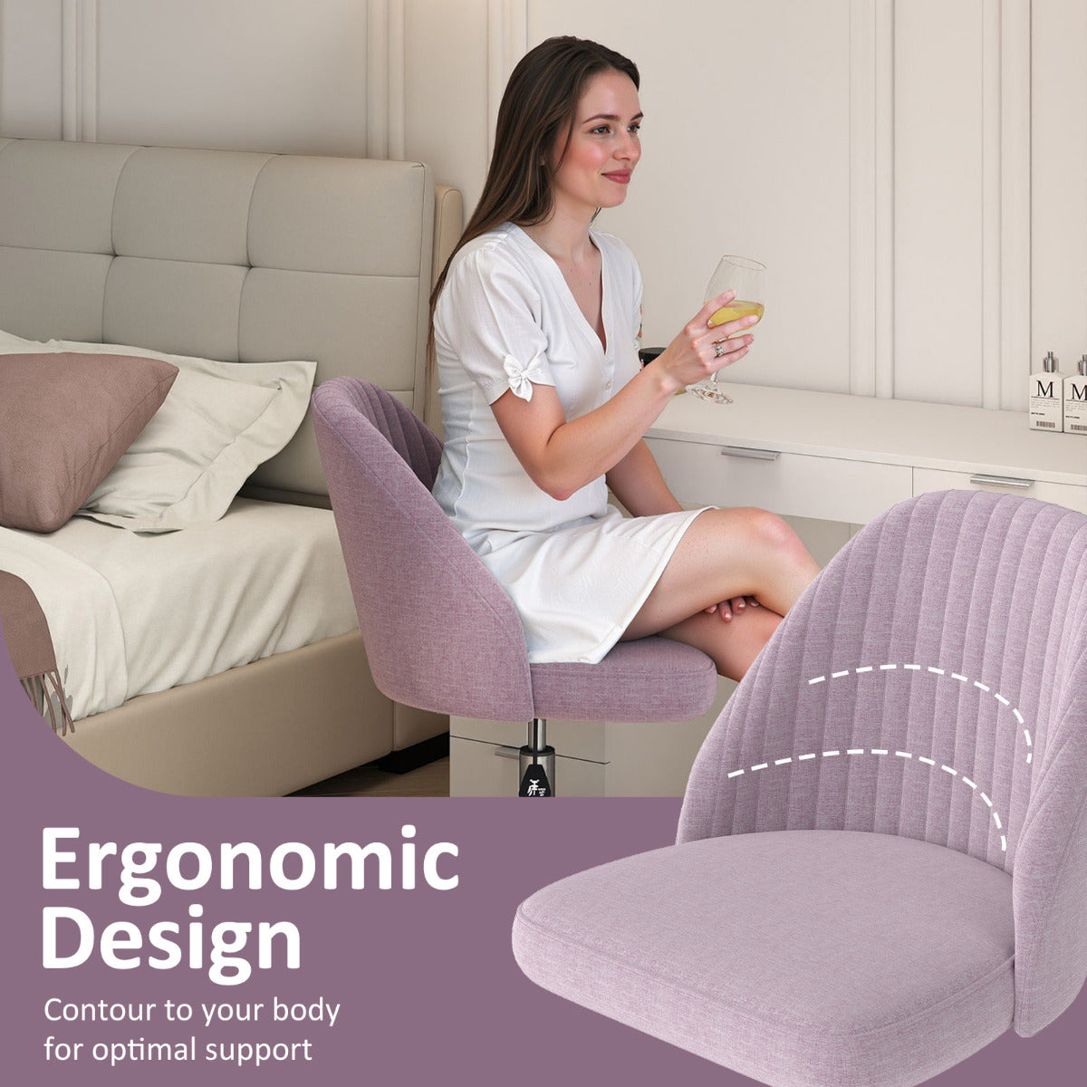 Modern Armless Office Chair with Curved Backrest and Upholstered Seat-Pink