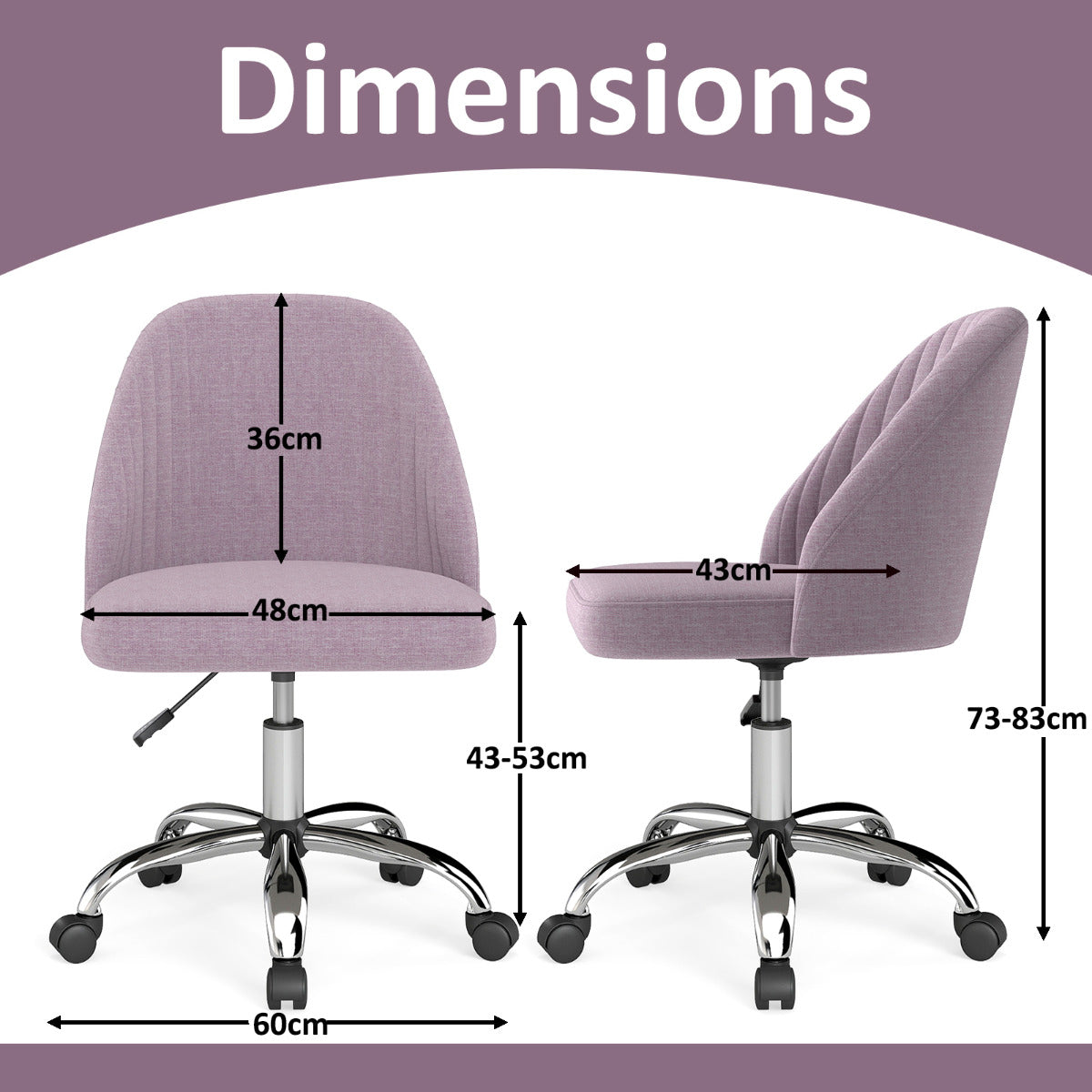 Modern Armless Office Chair with Curved Backrest and Upholstered Seat-Pink