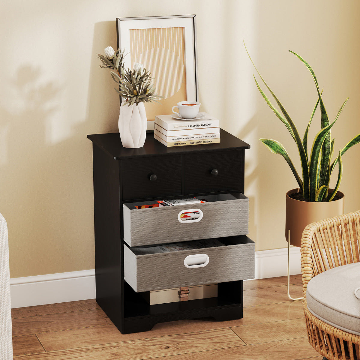 Modern Chest Storage Organizer with Open Shelves-Black