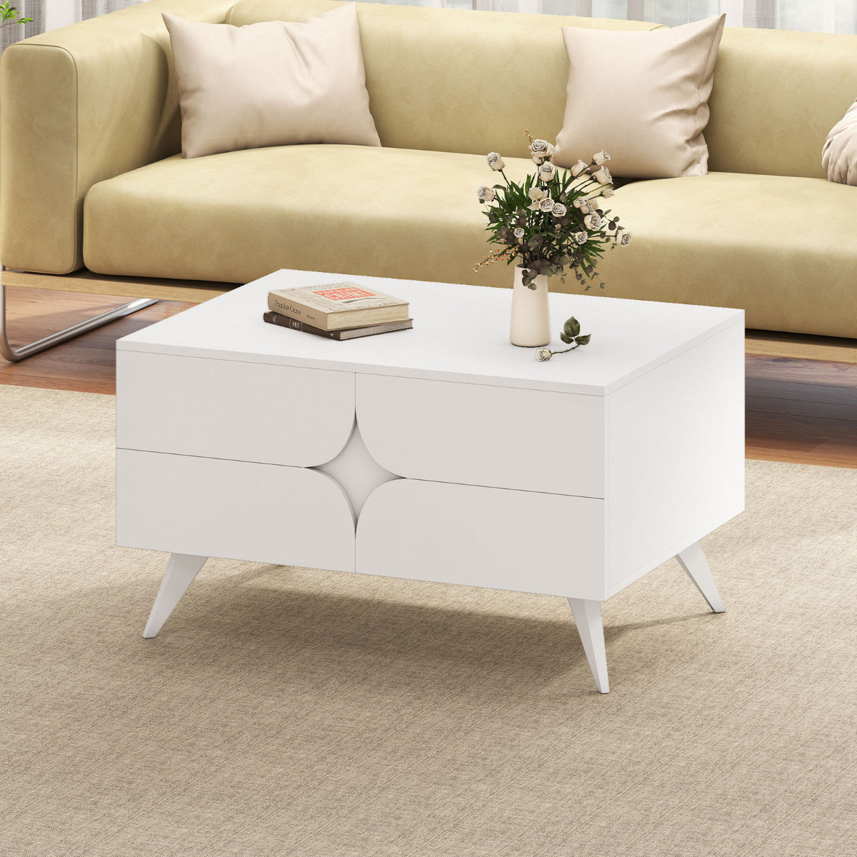 Modern Coffee Table with Storage Farmhouse Accent Table with Open Compartments and 3 Drawers-White
