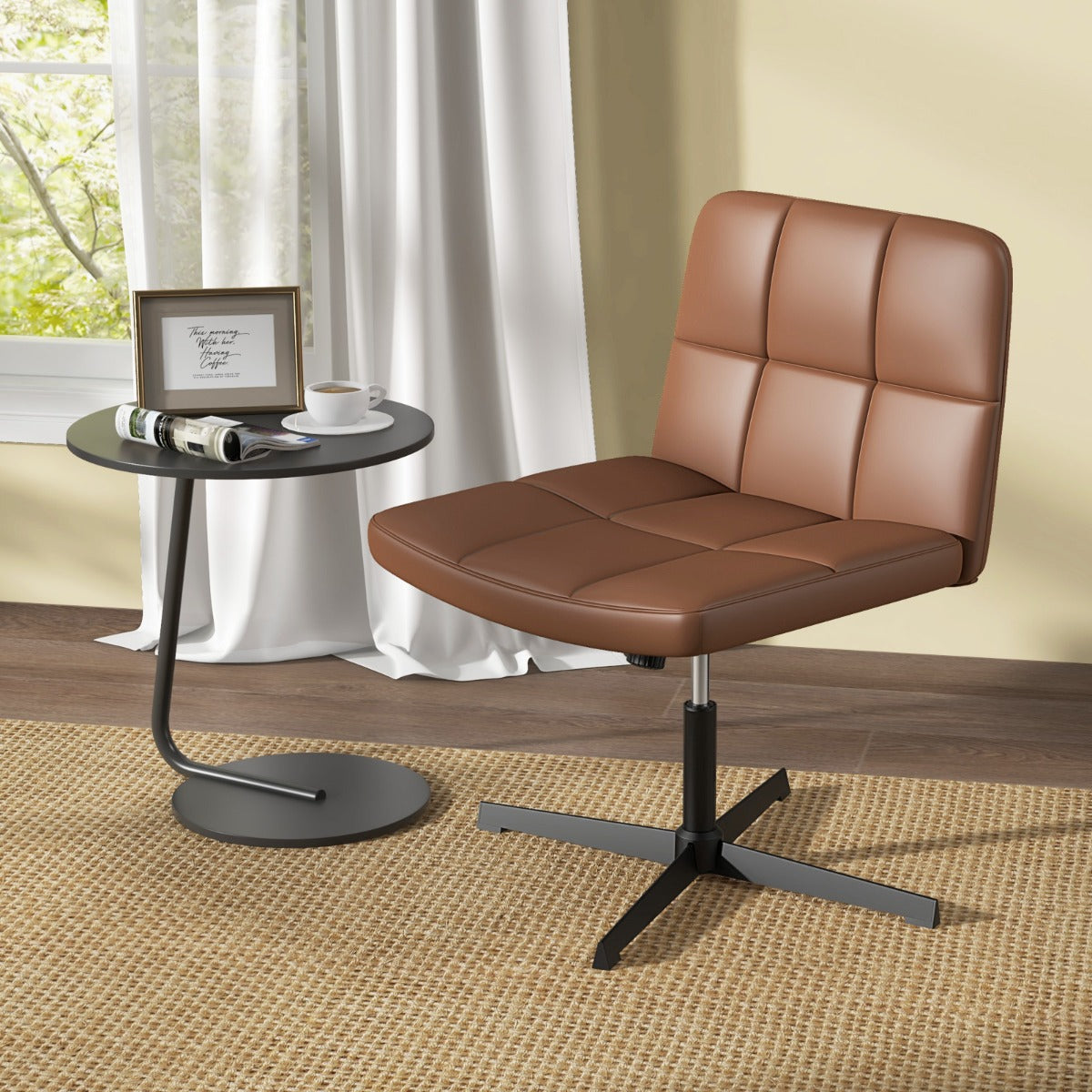 PU Leather Upholstered Armless Cross Legged Office Desk Chair No Wheels-Brown