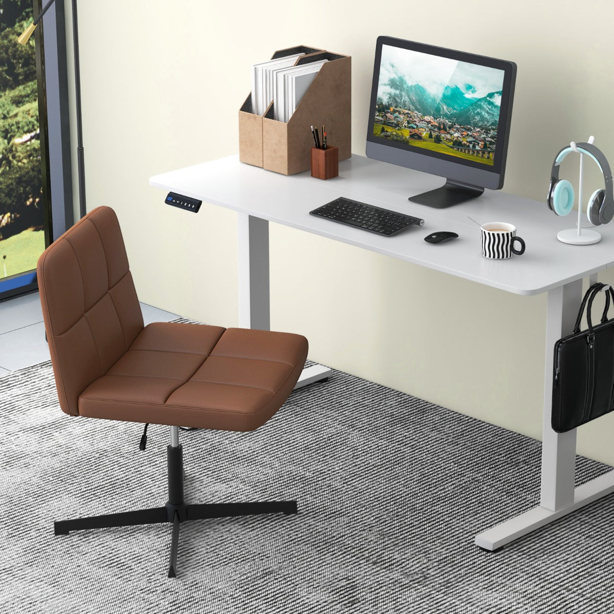 PU Leather Upholstered Armless Cross Legged Office Desk Chair No Wheels-Brown