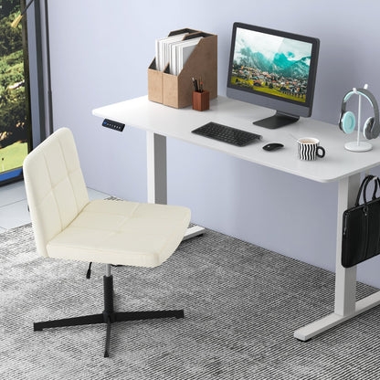 PU Leather Upholstered Armless Cross Legged Office Desk Chair No Wheels-Beige