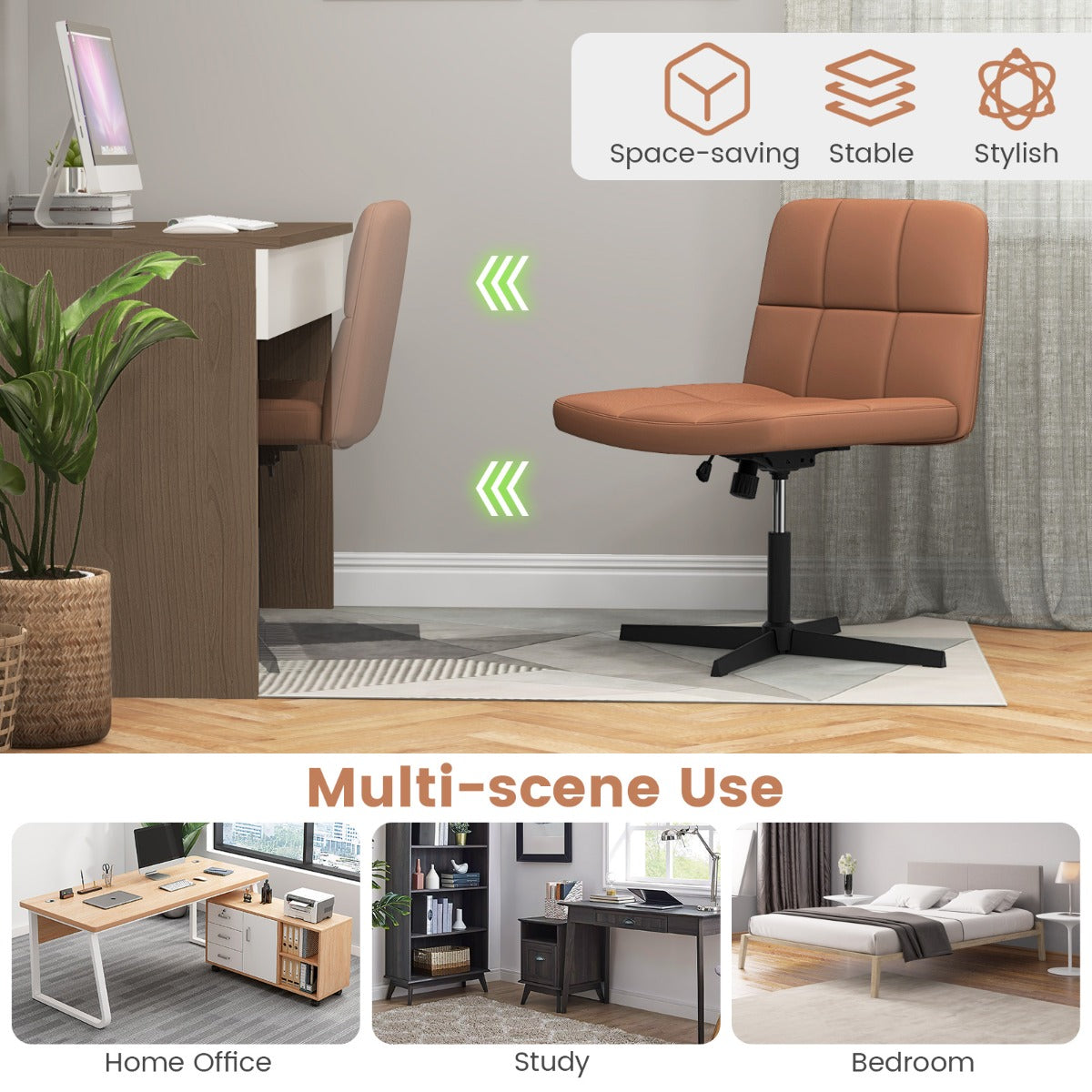 PU Leather Upholstered Armless Cross Legged Office Desk Chair No Wheels-Brown