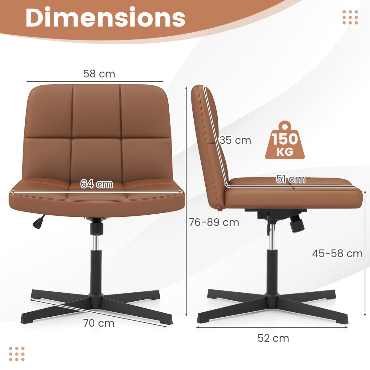 PU Leather Upholstered Armless Cross Legged Office Desk Chair No Wheels-Brown