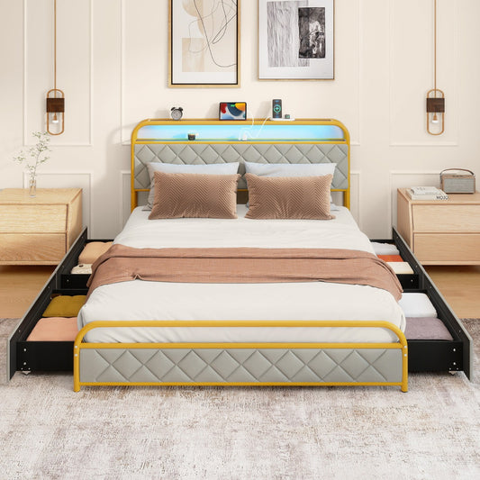 Modern Faux Leather Upholstered Platform Bed with Storage Headboard-Golden-King Size