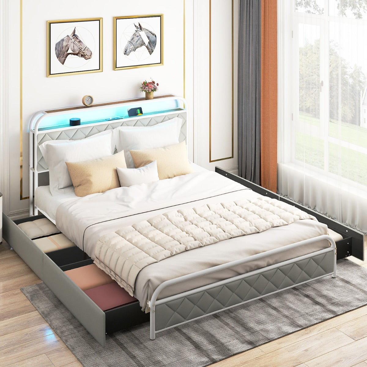 Modern Faux Leather Upholstered Platform Bed with Storage Headboard-White-King Size