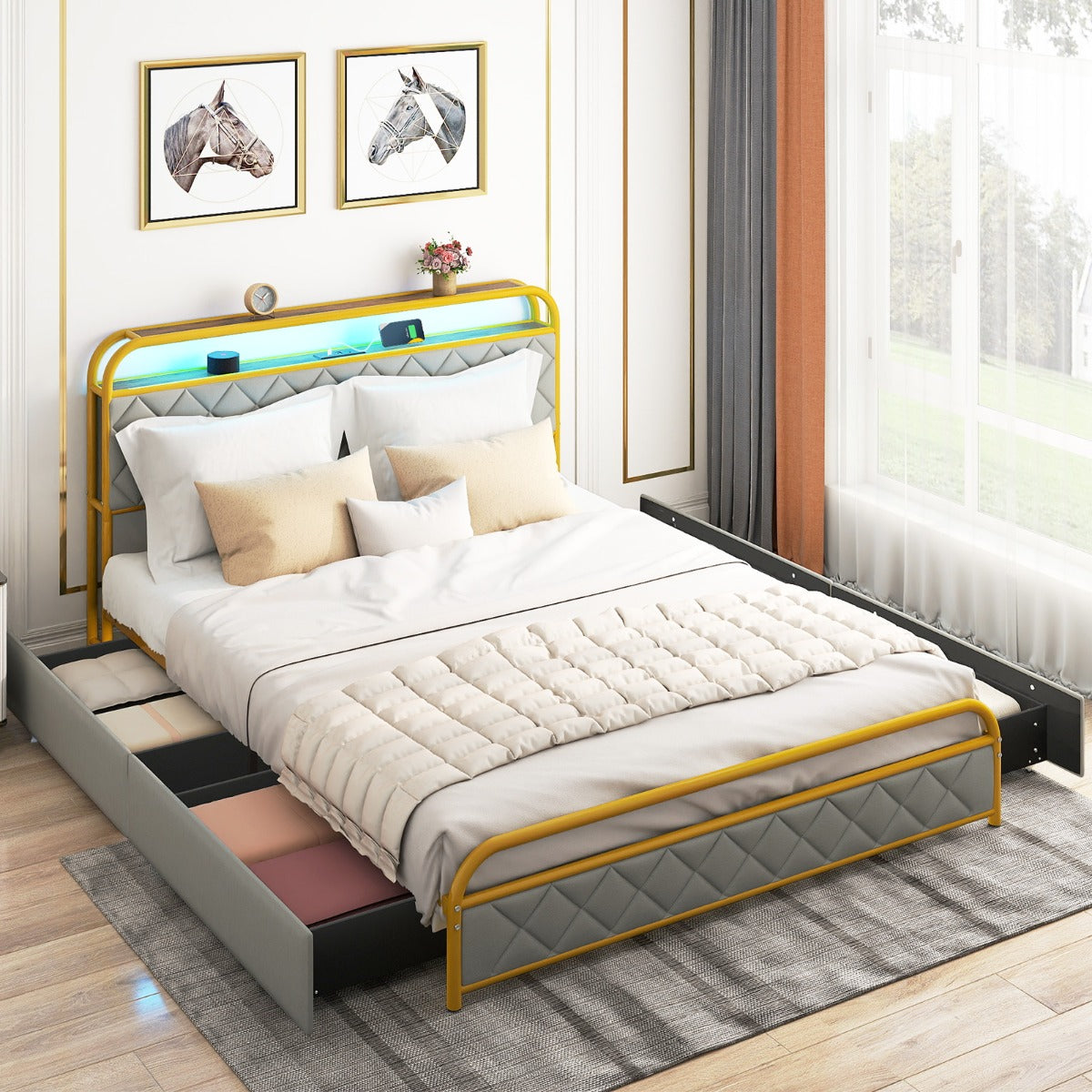 Modern Faux Leather Upholstered Platform Bed with Storage Headboard-Golden-King Size