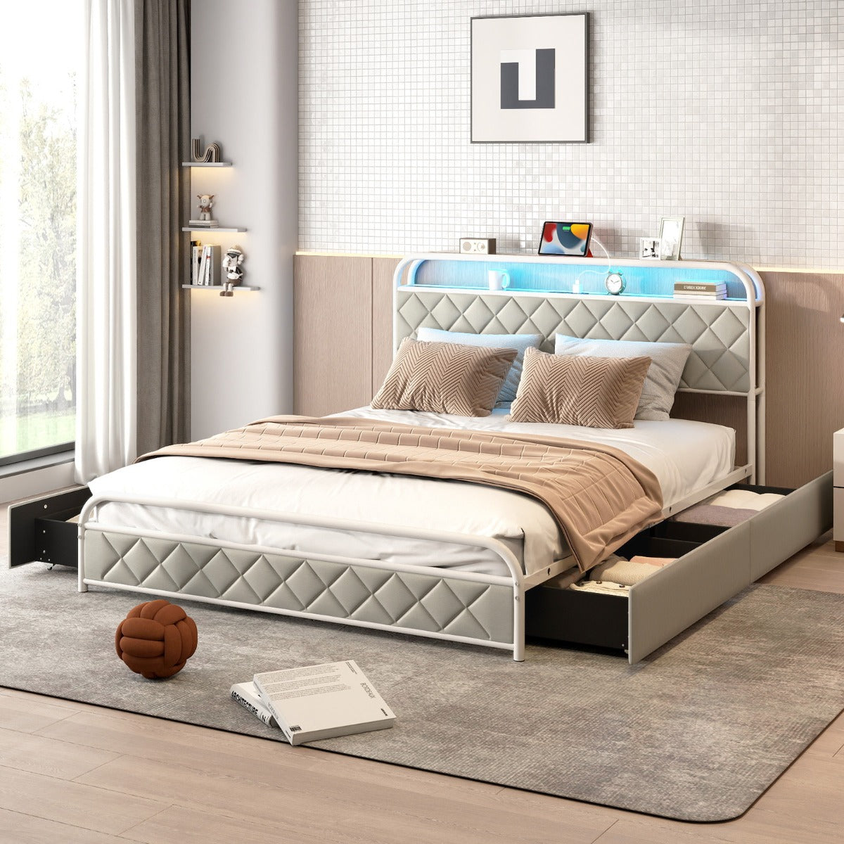 Modern Faux Leather Upholstered Platform Bed with Storage Headboard-White-King Size