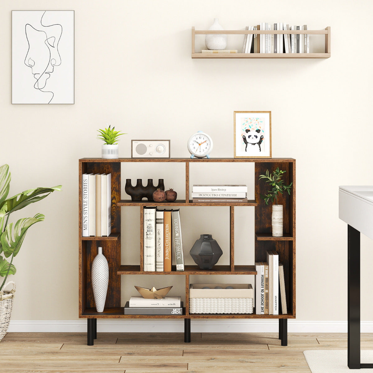 Modern Geometric Bookcase with Anti-tipping Devices-Rustic Brown