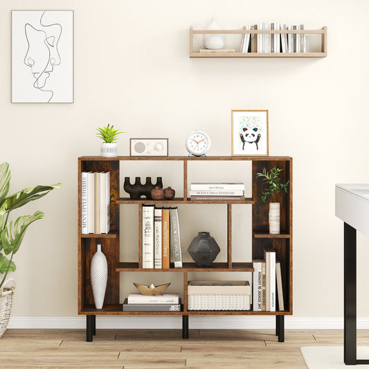 Modern Geometric Bookcase with Anti-tipping Devices-Rustic Brown