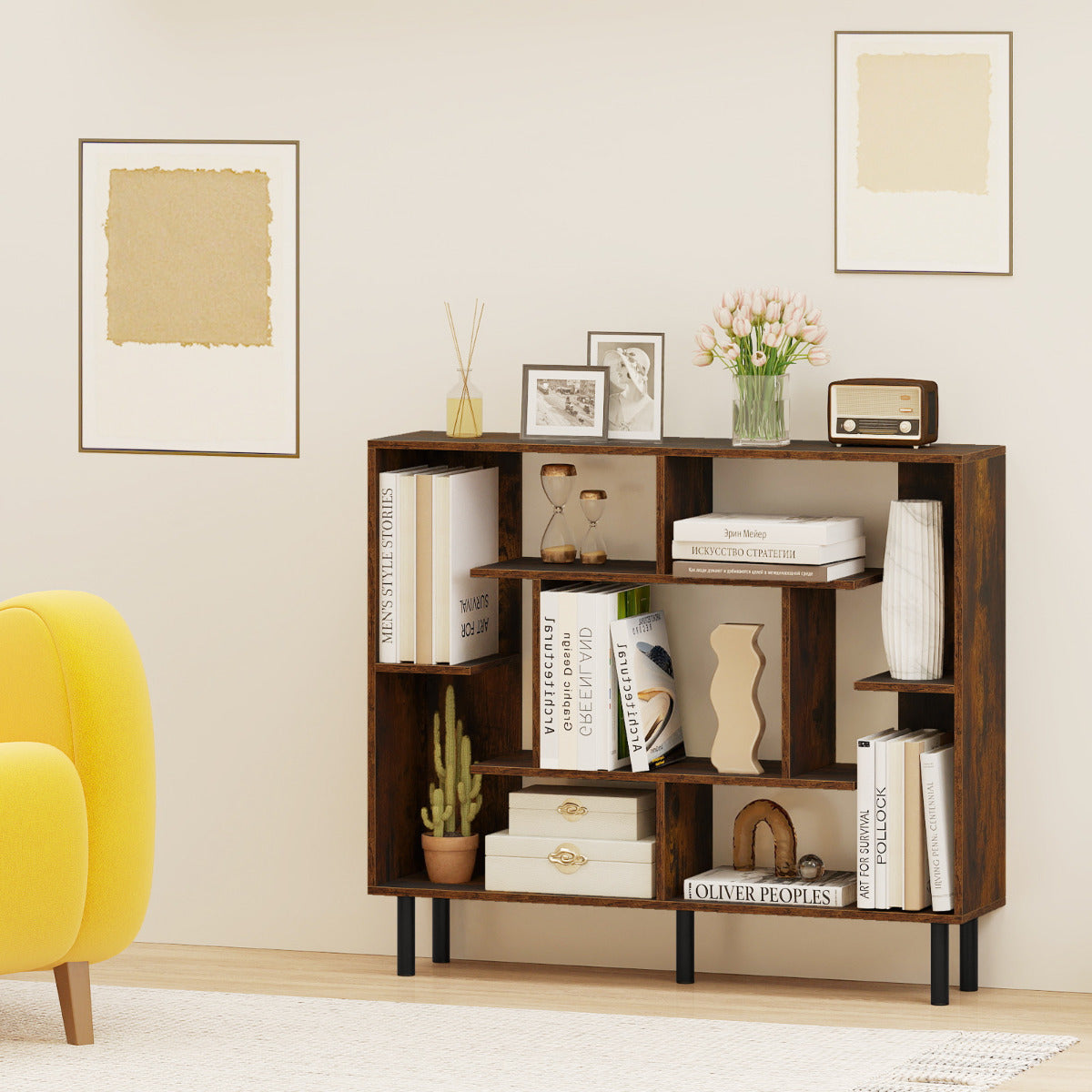 Modern Geometric Bookcase with Anti-tipping Devices-Rustic Brown