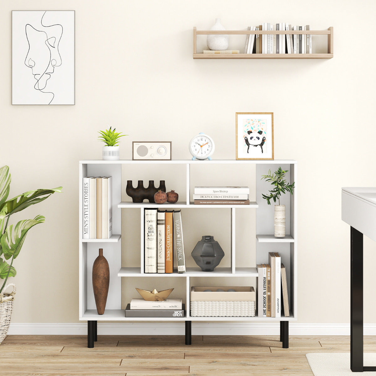 Modern Geometric Bookcase with Anti-tipping Devices-White
