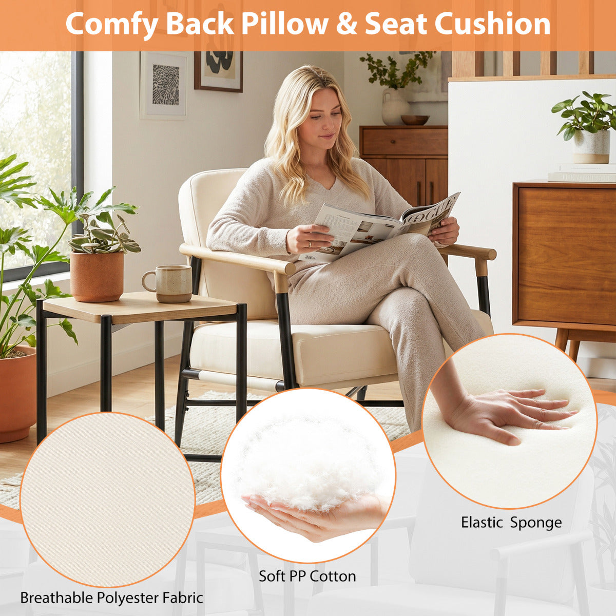 Modern Lounge Chair with Removable Zippered Cushions-Beige