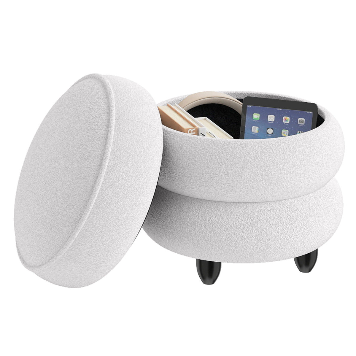 Modern Round Storage Ottoman with Removable Lid and Rubberwood Legs-White