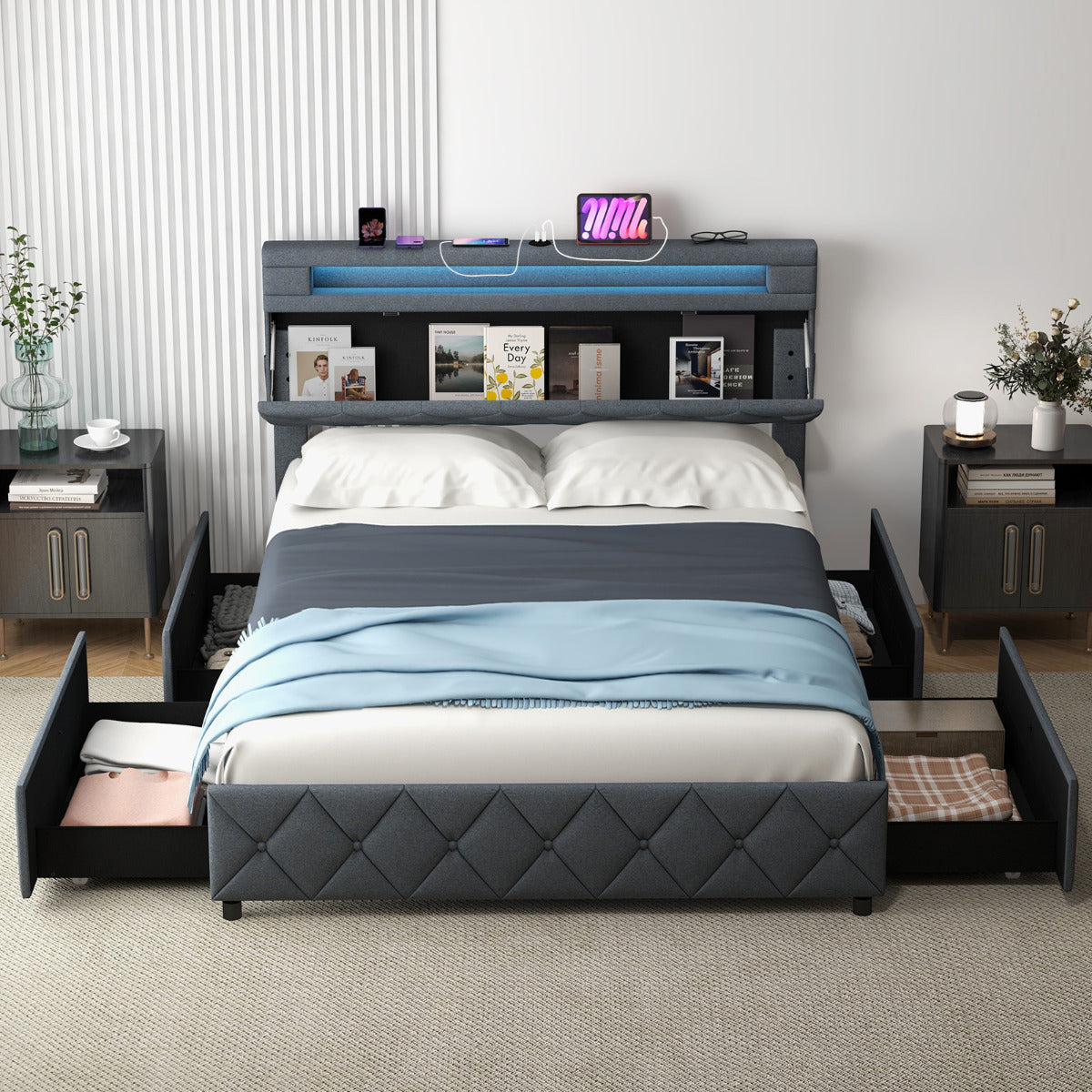 Modern Upholstered Bed Frame with Led Lights and Charging Station-Double Size