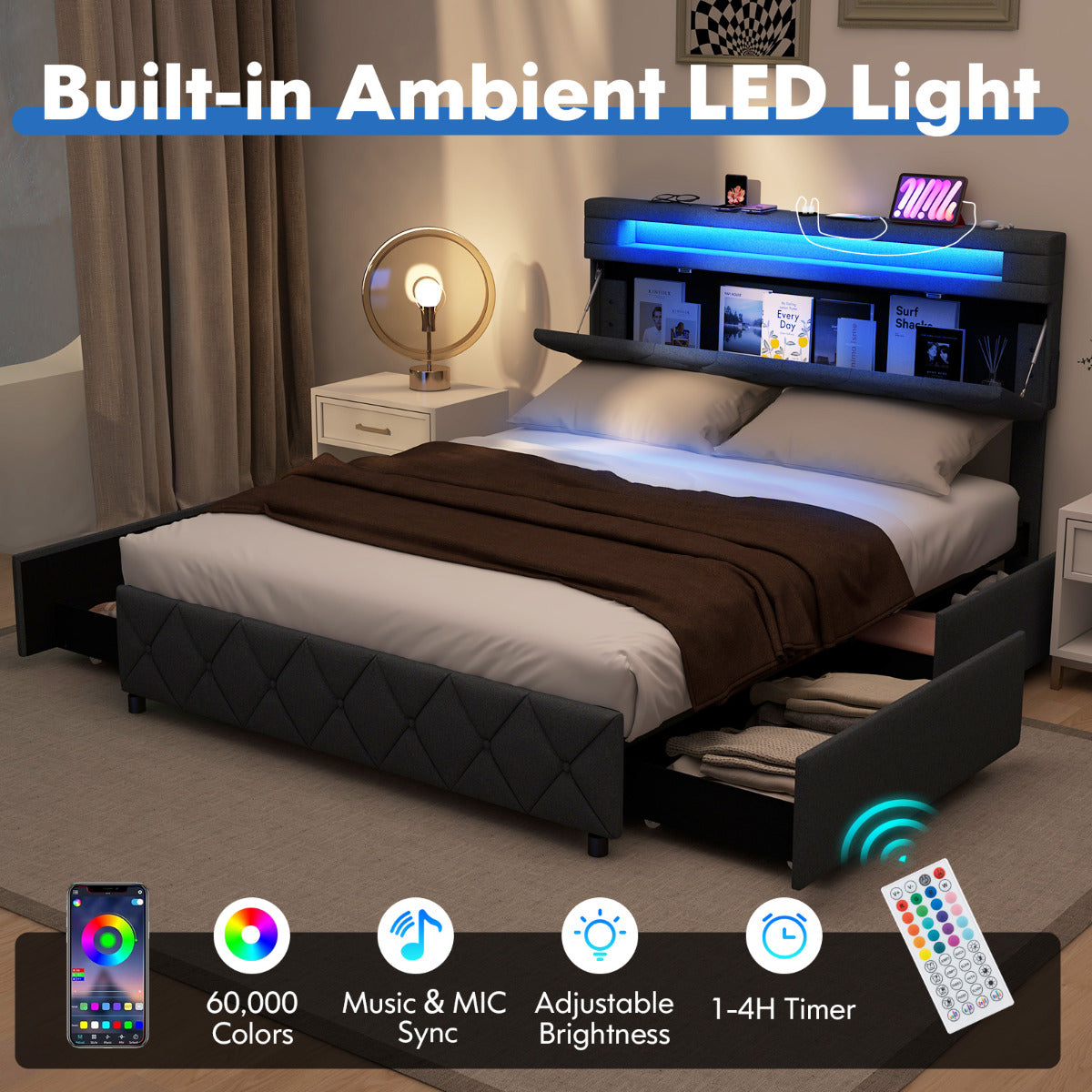 Modern Upholstered Bed Frame with Led Lights and Charging Station-Double Size