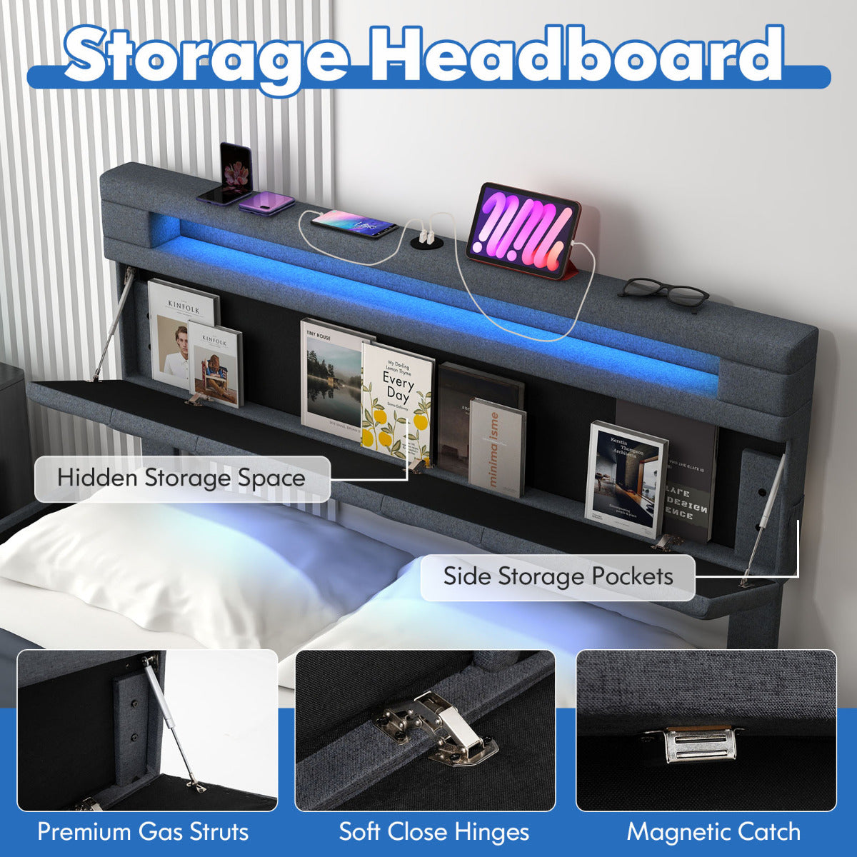 Modern Upholstered Bed Frame with Led Lights and Charging Station-Double Size