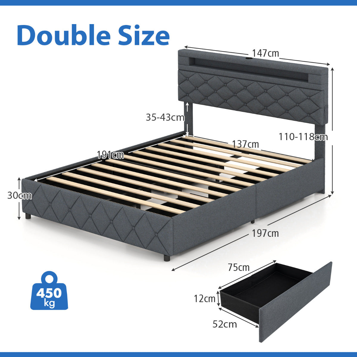 Modern Upholstered Bed Frame with Led Lights and Charging Station-Double Size