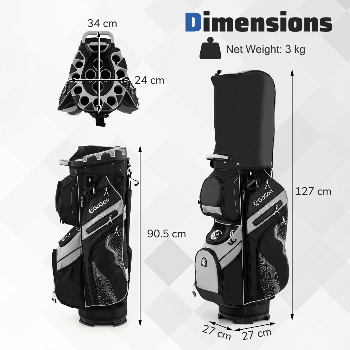 Golf Cart Bag Molded Lock Top Golf Bag with 14-Way Full Length Dividers-Black & Grey