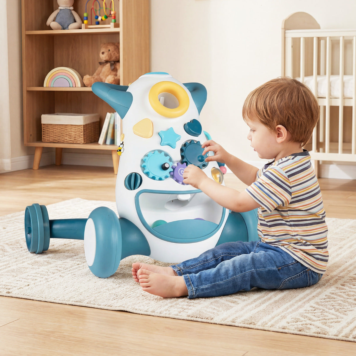 Montessori Baby Walker Toddler Educational Push Toy with Music and Light-Blue