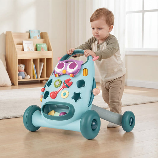 Montessori Baby Walker Toddler Educational Push Toy with Removable Oval Player and Shape Sorter-Blue
