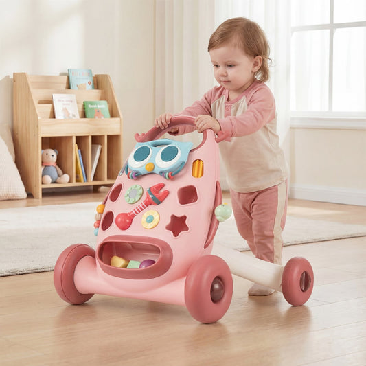 Montessori Baby Walker Toddler Educational Push Toy with Removable Oval Player and Shape Sorter-Pink